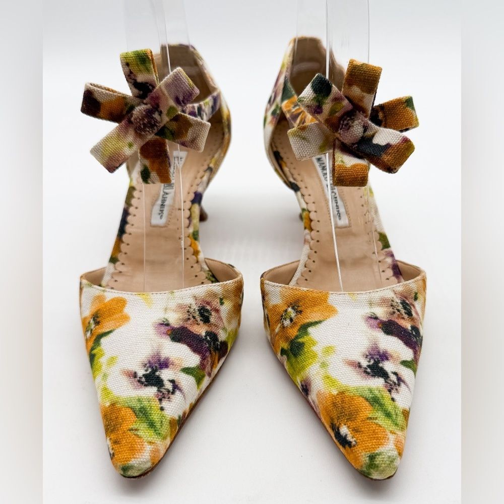Manolo Blahnik Vintage Floral Canvas Slingback Kitten Heel Pumps EU 37.5 US 7.5 - Picture 9 of 14